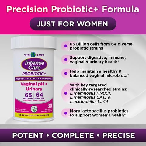 Vital Planet - Intense Care Vaginal pH & Urinary Probiotics for Women Plus Organic Prebiotics, Postbiotics, and Parabiotics, 65 Billion CFU and 64 Strains, Immune and Digestive Health 30 ct Vital Planet uk supplements