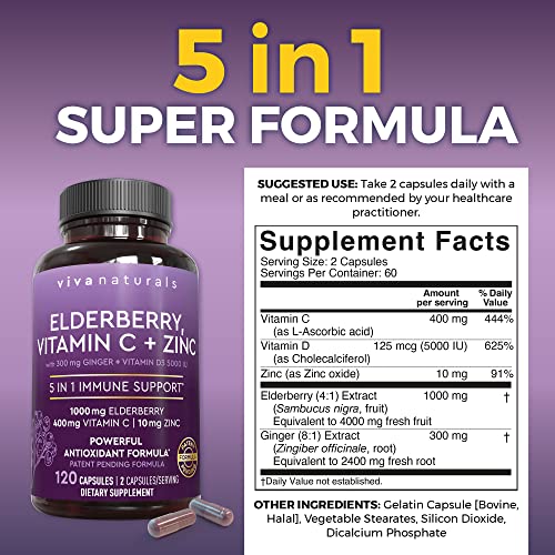 Viva Naturals Sambucus Elderberry with Vitamin C and Zinc for Adults - 5 in 1 Sambucus Viva Naturals uk supplements