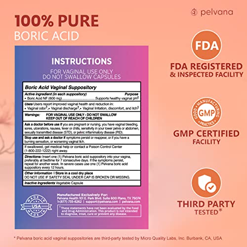Pelvana Boric Acid Suppositories for Women 30 + 7 Applicators + 10 pH Test Strips Pelvana uk supplements