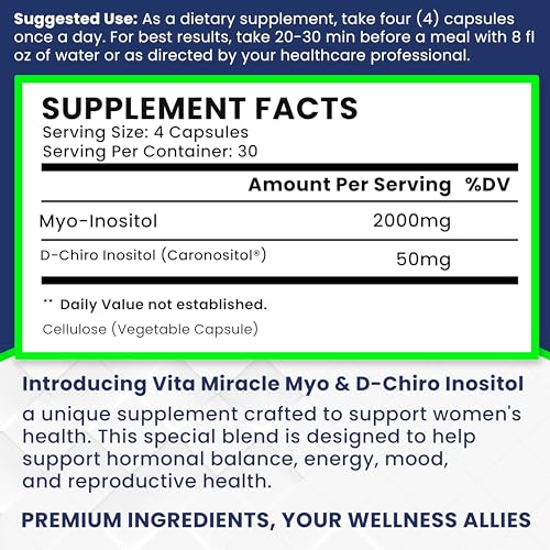 Inositol Supplement Myo-Inositol & D-Chiro Inositol 120 Capsules 2000mg 40:1 Ratio High Vita Miracle uk supplements