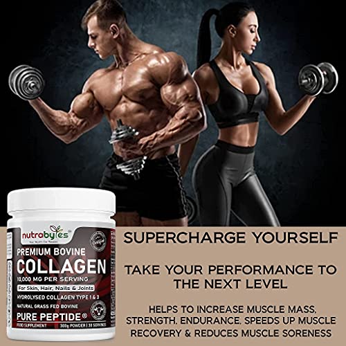 Pure Hydrolysed Collagen Powder 10000mg Bovine Type 1 & 3 Unflavoured|High Strength Protein Peptides for Women & Men NUTRABYTES uk supplements