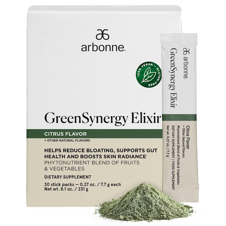 Arbonne GreenSynergy Elixir – Citrus-Flavored Greens Powder with 13 Digestive Enzymes, Vegan Collagen Builder, Probiotics, and Prebiotics – Supports Gut Health and Digestion – 30 Stick Packs Arbonne uk supplements