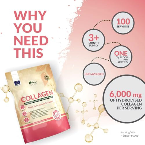 Collagen Powder 600g - 100 Servings - High Grade Pure Bovine 100% - Collagen Peptides Hydrolysate Nu U Nutrition uk supplements