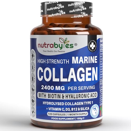 High Strength Marine Collagen 2400mg with Hyaluronic Acid 100mg, Biotin, Vitamin C, D3, B12 and Silica NUTRABYTES uk supplements