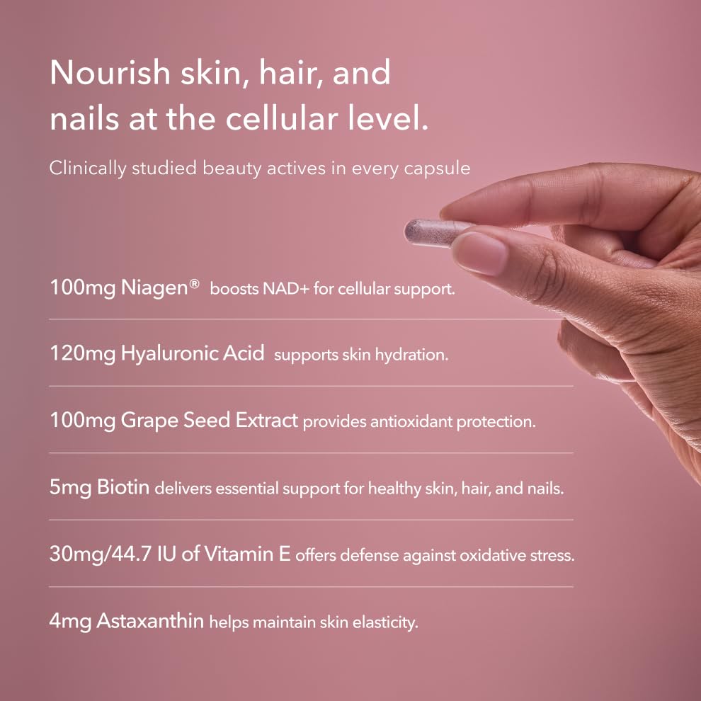 TRU NIAGEN 300mg + Beauty Bundle. A Comprehensive Bundle for Daily NAD+ Support with targeted Beauty Actives for Healthy Skin, Hair, and Nails at The Cellular Level. TRU NIAGEN uk supplements