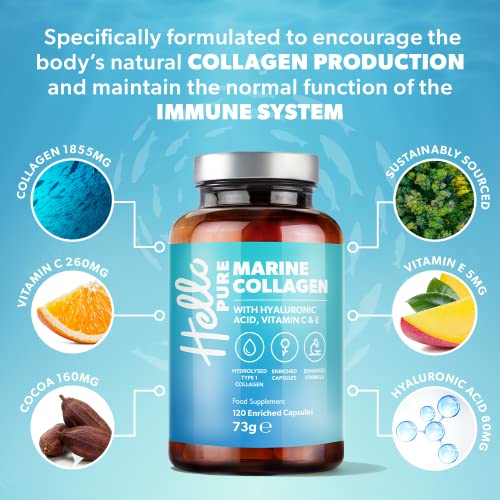 Marine Collagen Capsules - 1855mg - 120 Capsules - Enriched with Hyaluronic Acid & Vitamins C & E Hello Pure uk supplements