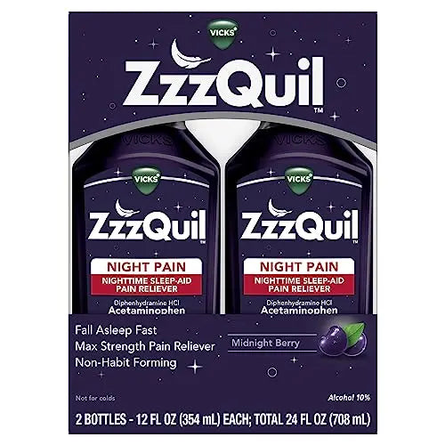 ZzzQuil Liquid, Max Strength Pain Reliever, Nighttime Sleep Aid Liquid, Acetaminophen 1000mg, Diphenhydramine 50mg HCI, Non-Habit Forming, Midnight Berry Flavored, 2 Pack, 24 FL OZ ZzzQuil uk supplements