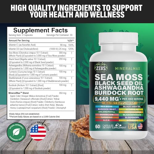 Sea Moss Capsules with Black Seed Oil, Burdock Root, Bladderwrack, Turmeric, Ashwagan Zeus Naturals uk supplements