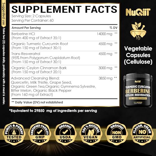 Berberine Supplement 14000mg Turmeric Curcumin 4500mg Trans-Resveratrol 4500mg Nuqiit uk supplements