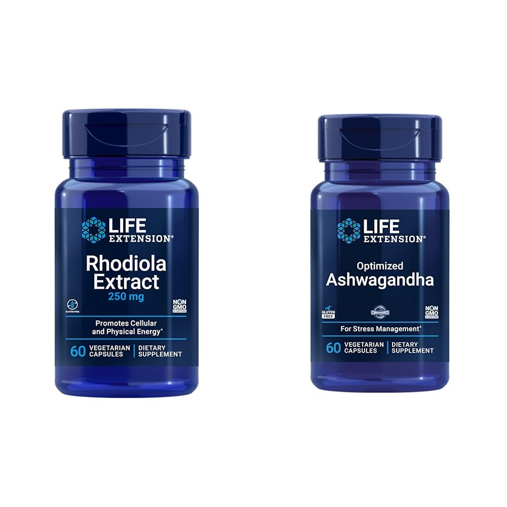 Life Extension Rhodiola and Ashwagandha Extract Bundle, Rhodiola rosea and ashwagandha Supplements, 60 Capsules Each Life Extension uk supplements