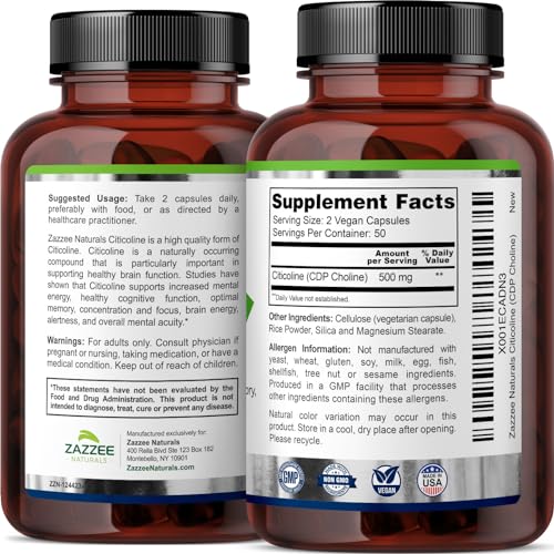 Zazzee Extra Strength Citicoline CDP Choline, 500 mg per Serving, 100 Vegan Capsules Zazzee uk supplements