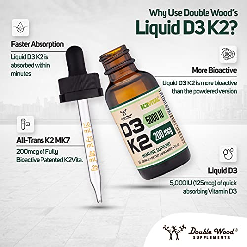 Vitamin D3 K2 5,000 IU Liquid Drops (5,000 IU of D3 and 200mcg of 99.9% All-Trans Double Wood Supplements uk supplements