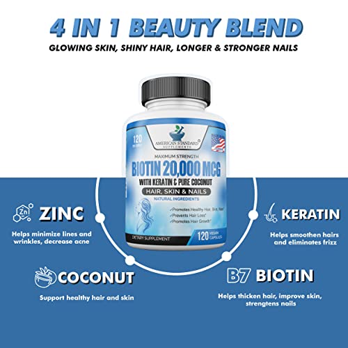 Biotin 20,000mcg with Keratin, Organic Coconut and Zinc, Hair Growth Supplements, Biotin American Standard Supplements uk supplements