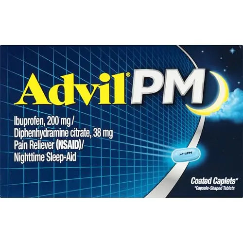 Advil PM Pain Reliever and Nighttime Sleep Aid, Pain Medicine with Ibuprofen for Pain Relief and Diphenhydramine Citrate for a Sleep Aid - 50x2 Coated Caplets Advil uk supplements
