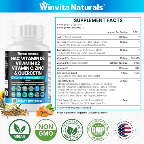 NAC Supplement N-Acetyl Cysteine 1000mg Vitamin C Vitamin D3 K2, Zinc, Turmeric Curcumin Winvita Naturals uk supplements