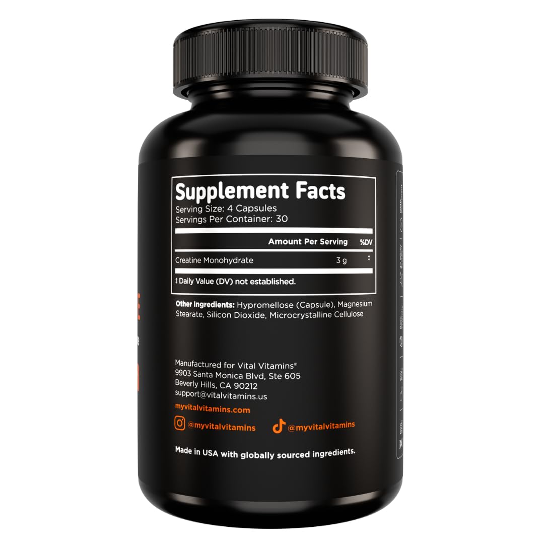 Vital Vitamins Creatine Monohydrate Pills for Women & Men - Micronized Creatine Capsules - Cognitive, Strength, Recovery Support - 3g (3000mg) per Serving - Vegan, Non-GMO, 120 Count Vital Vitamins uk supplements