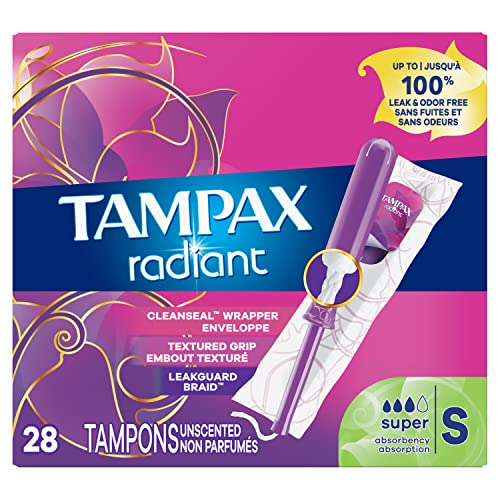 Tampax Radiant Tampons, Super Absorbency, With Leakguard Braid, Unscented, 28 Count Tampax uk supplements