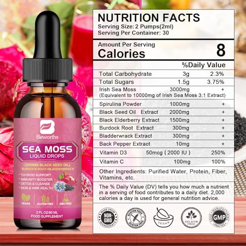 3000mg Sea Moss Liquid Drops - Organic Black Seed Oil & Irish Sea Moss B BEWORTHS uk supplements