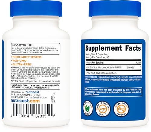 Nutricost NMN (Nicotinamide Mononucleotide) 500mg, 60 Capsules - Vegetarian Friendly, 30 Servings, Gluten Free, GMO Free Nutricost uk supplements