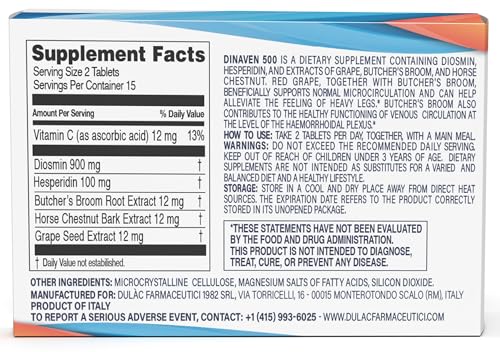 Dulac Dinaven 500, Micronized Diosmin Hesperidin Dietary Supplement 1000mg per serving, Horse Chestnut Extract, Butcher’s Broom & Red Grape Extract, Leg Circulation Support, 30 Tablets, Made in Italy DULÀC FARMACEUTICI 1982 uk supplements