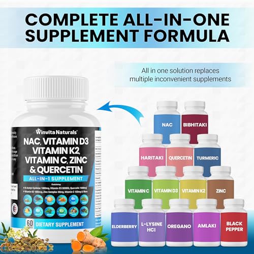 NAC Supplement N-Acetyl Cysteine 1000mg Vitamin C Vitamin D3 K2, Zinc, Turmeric Curcumin Winvita Naturals uk supplements
