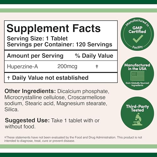 Huperzine A 200mcg (Third Party Tested) 120 Tablets, Brain Supplement to Promote Acetylcholine (Acetylcholinesterase Inhibitor) - Supports Memory and Focus by Double Wood Double Wood Supplements uk supplements