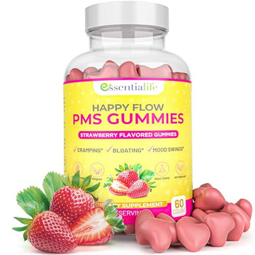 Happy Flow Strawberry-Flavor Chewable PMS Gummies | Hormone Balance Chasteberry Essentialife uk supplements