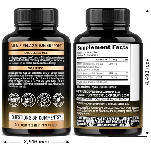 Ashwagandha Supplements 1800mg - USDA Organic Ashwagandha for Women & Men - Clinically Effective Strength for Stress Relief & Sleep - Powder & Root Extract 2.5% Withanolides - Made in USA 100 Capsules NUTRAHARMONY uk supplements