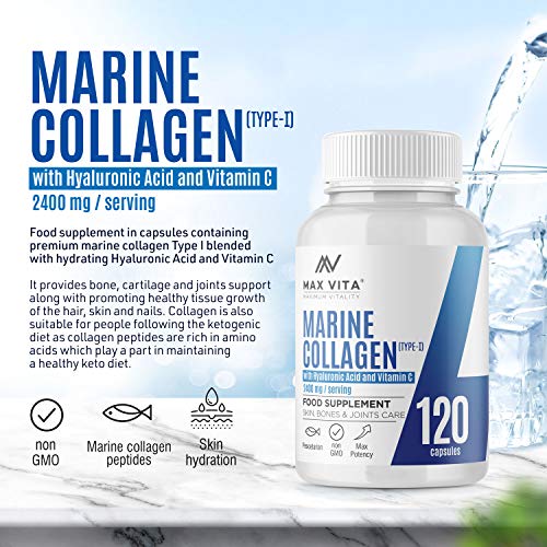 Marine Collagen Type 1 2400mg - 120 Capsules Supplement with Hyaluronic Acid and Vitamin C MAX VITA MAXIMUM VITALITY uk supplements