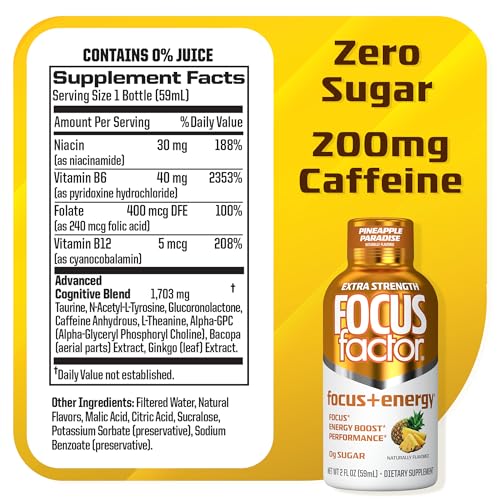 Focus Factor Extra Strength Focus + Energy Shots - 12 x 2oz Bottles (Pineapple Paradise Flavor) - Powered by Nootropics with Caffeine, L-Theanine, Ginkgo, Bacopa, L-Tyrosine, Alpha GPC Focus Factor uk supplements