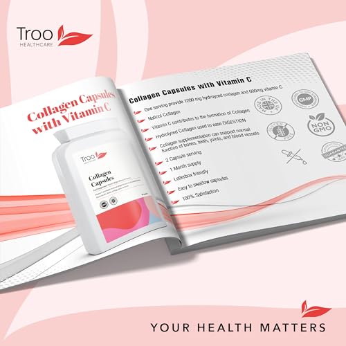 Troo Marine Collagen Supplement - 60 High Strength Capsules 1200mg Serving - Hydrolysed Marine Collagen Peptides with Vitamin C Troo Health Care uk supplements