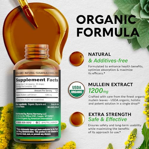 USDA Organic Mullein Drops for Lungs - Mullein Leaf Extract Supplement - Made in USA NUTRAHARMONY uk supplements