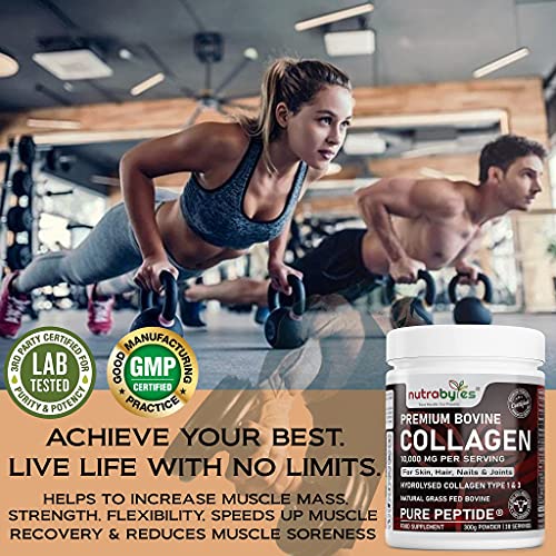 Pure Hydrolysed Collagen Powder 10000mg Bovine Type 1 & 3 Unflavoured|High Strength Protein Peptides for Women & Men NUTRABYTES uk supplements