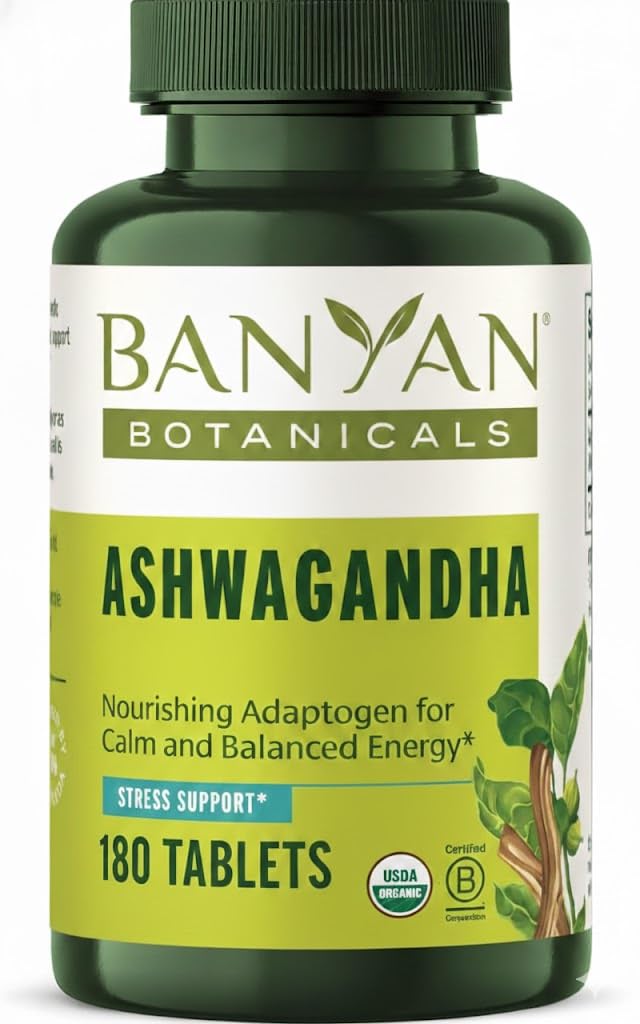 Banyan Botanicals Organic Ashwagandha - 1000mg per Serving - Cortisol Manager & Stress Relief Supplement - Adrenal Support for Mood, Restful Sleep & Muscle Recovery - 180 Tablets - Non-GMO, Vegan* Banyan Botanicals uk supplements