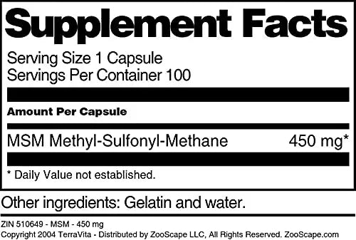 MSM - 450 mg (100 Capsules, ZIN: 510649) - 3 Pack Terravita uk supplements