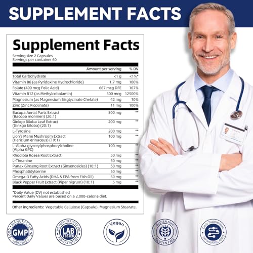 Brain Supplements for Memory and Focus | Nootropic with Bacopa Monnieri, Lion's Mane, Alpha GPC, Ginkgo Biloba | Mental Clarity & Cognitive Support | Vitamin B6 & B12 Neuro Health - Non-GMO, 120 Caps Migcopat uk supplements
