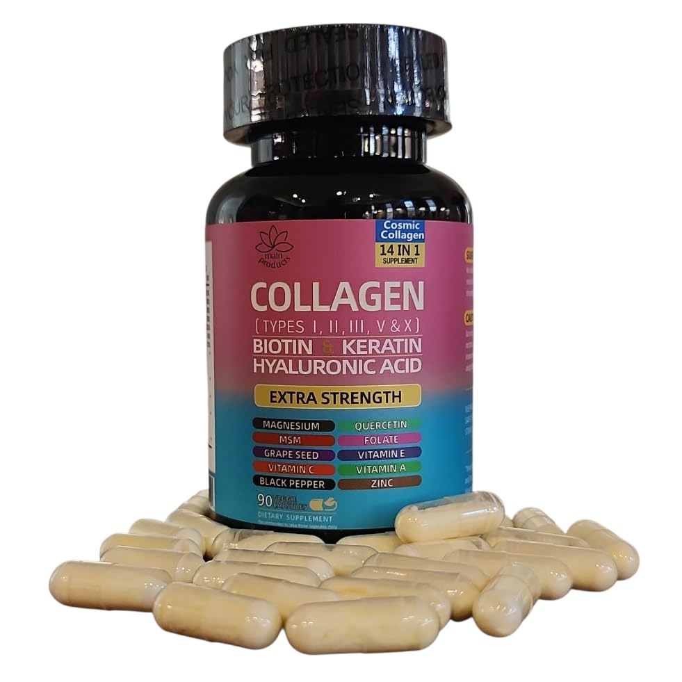 Collagen Peptides Types I, II, III, V & X, 64000 MCG, 14 in 1, Biotin, Keratin, Hyaluronic Acid, Magnesium, MSM, Grape Seed, Vitamin A C & E, Black Pepper, Quercetin, Folate, Zinc (90 Veggie Caps) Main Products uk supplements