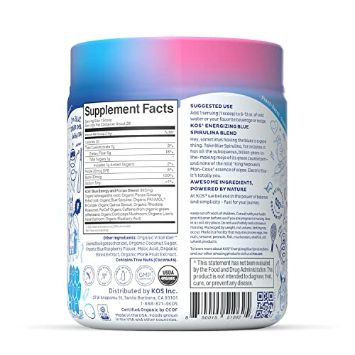 KOS USDA Organic Energizing Blue Spirulina Blend - 70 mg Organic Caffeine, B-Complex KOS uk supplements