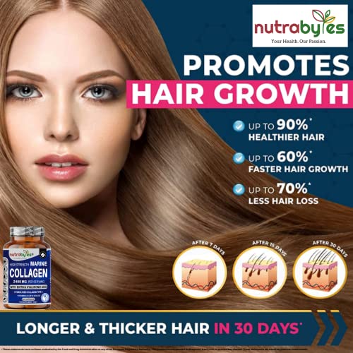 High Strength Marine Collagen 2400mg with Hyaluronic Acid 100mg, Biotin, Vitamin C, D3, B12 and Silica NUTRABYTES uk supplements