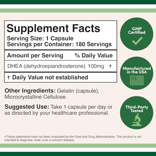 DHEA 100mg | 180 Capsules | Max Strength 6 Month Supply | Third Party Tested | Hormone Double Wood Supplements uk supplements