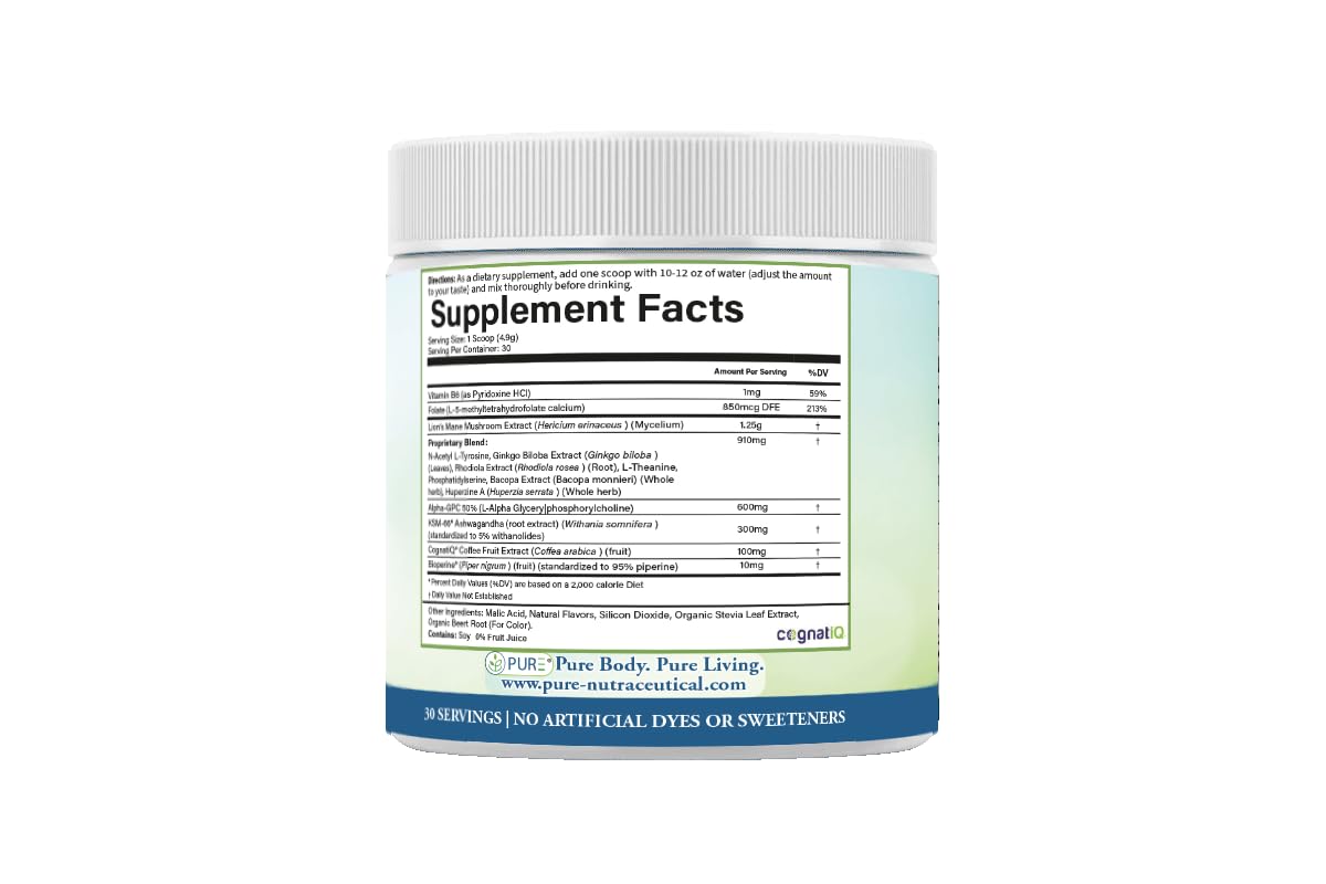 PURE® Healthy Brain Nootropic Powder - 30 Servings - 1.25g Lion’s Mane, 600mg Alpha-GPC & KSM-66® Ashwagandha - Cognitive Support for Memory, Focus & Stress Relief - 147 Grams, Strawberry Flavor! PURE uk supplements