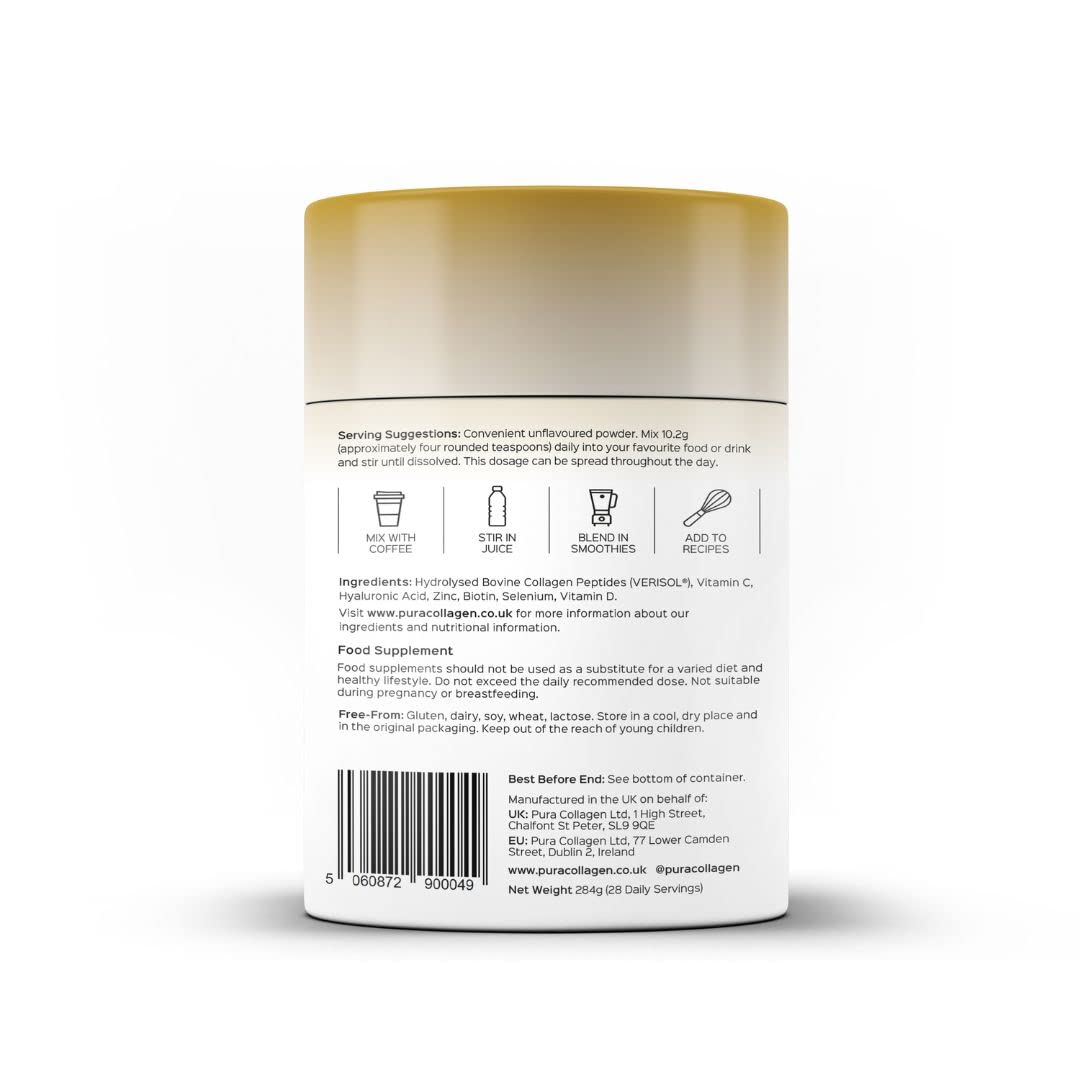 Pura Collagen Powdered Supplement Glow+, 10,000mg Hydrolysed Peptides, Hyaluronic Acid, Vitamins & Minerals, 28 Servings, 284 g Pura Collagen uk supplements