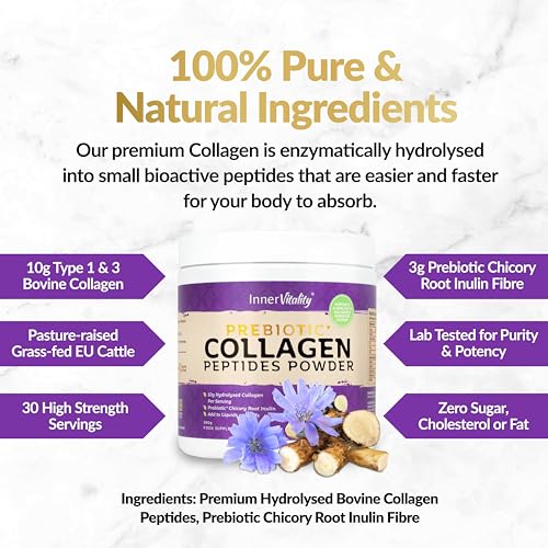 Prebiotic Collagen Powder - 390g Hydrolysed Bovine Collagen Peptides with Prebiotics for Gut Health & Skin Inner Vitality uk supplements
