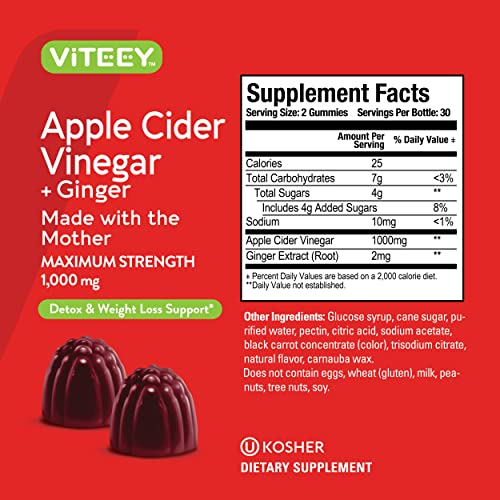 Apple Cider Vinegar Gummies 1,000mg Plus Ginger, ACV with The Mother, Detox Cleanse Viteey uk supplements