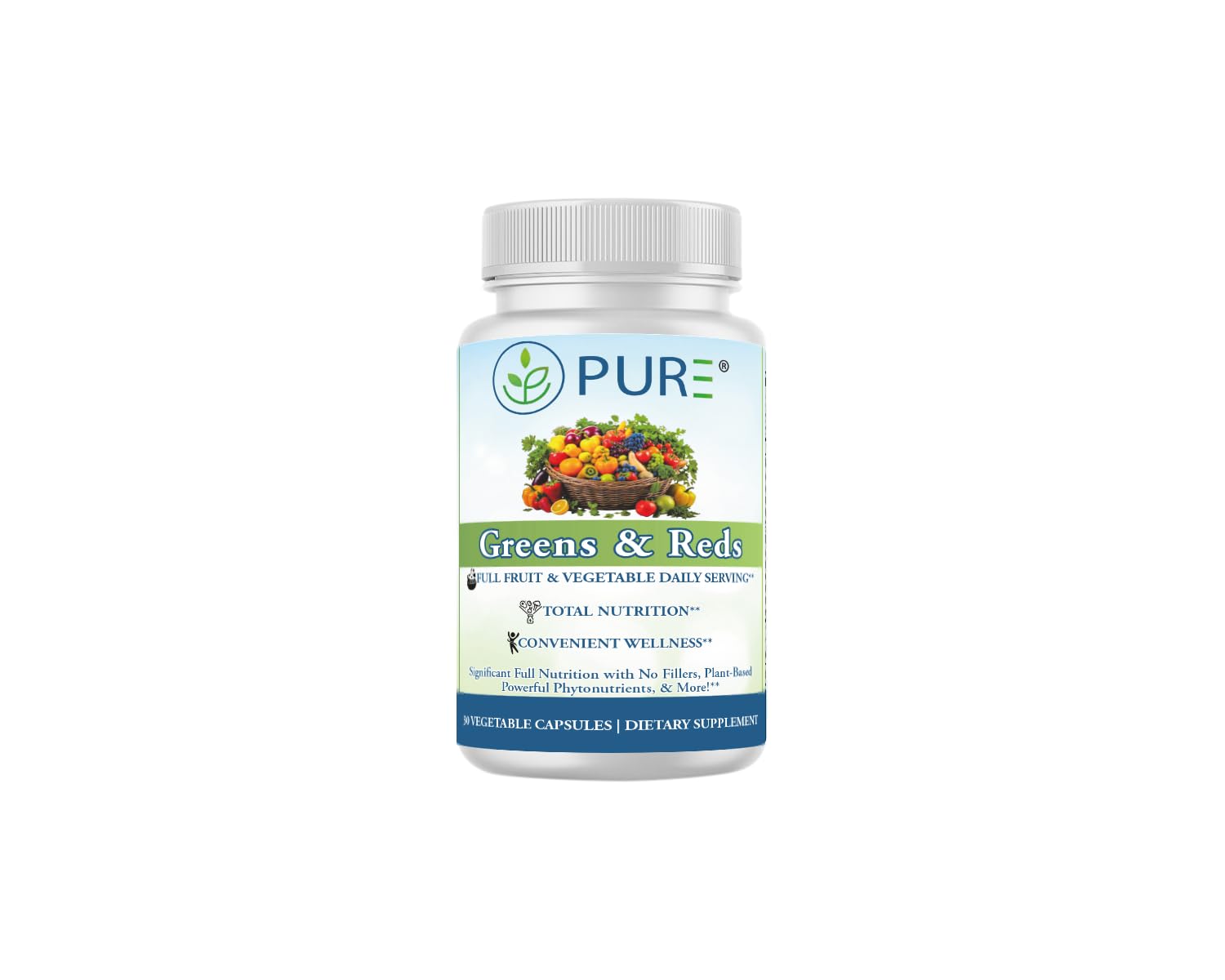 PURE® Greens & Reds Capsules - 30 Servings - 9 Daily Servings of Fruits & Vegetables in 1 Capsule - PhytoServ® Superfood Blend with Broccoli, Kale & Berries - Plant-Based Phytonutrient Shield PURE uk supplements