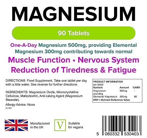 Lindens 500mg Magnesium Tablets | 90s 1-a-Day | Made in The UK | Tiredness, Muscle Lindens uk supplements