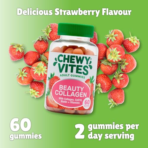 Chewy Vites Beauty Collagen 60 Gummy Vitamins |Hydrolised Collagen, CoQ10, Biotin + Vitamins | 1 Month Supply | Real Fruit Juice | Berry Flavour | 2-a-Day | CHEWY VITES uk supplements