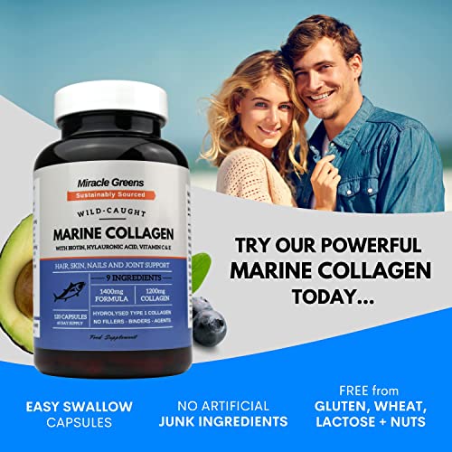 Marine Collagen 1400mg | 120 Capsules with Biotin, Hyaluronic Acid, Vitamin C, E, B2, Zinc, Copper & Iodine Miracle Greens uk supplements