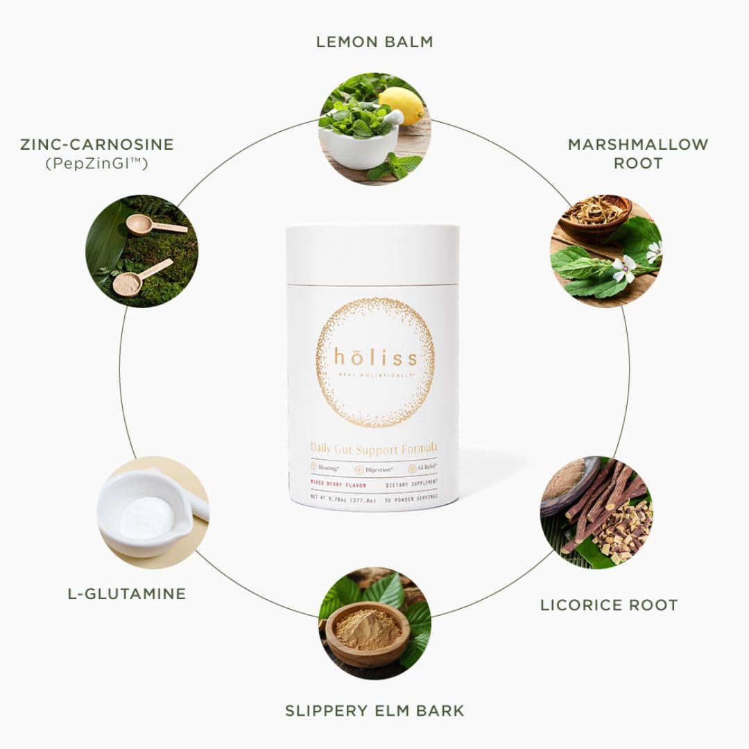 HOLISS Daily Gut Health Kit – 6-in-1 All Natural Supplement, Bloat & Gas Aid, GI Lining Repair, IBS Support – Lemon Balm, L-Glutamine, PepZinGI, Mixed Berry, 30 Servings, Electric Mixer & Spoon HOLISS uk supplements