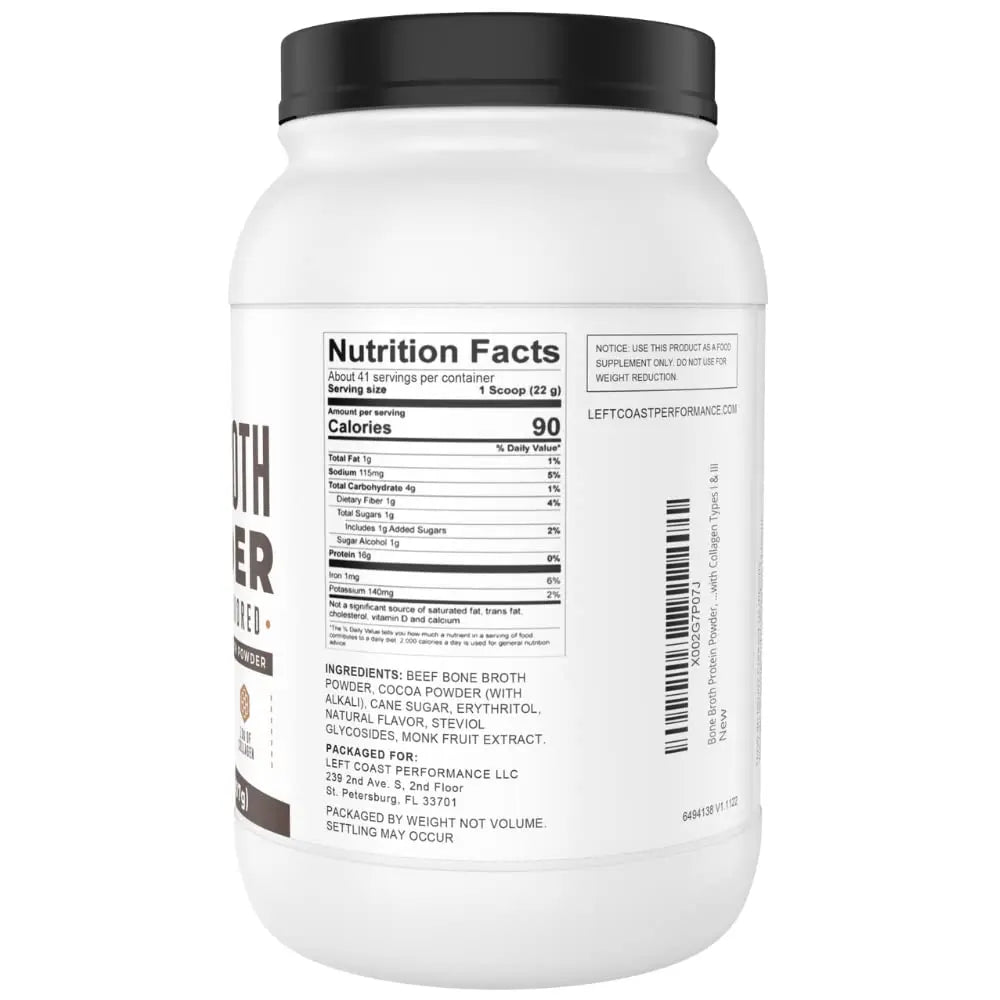 Chocolate Bone Broth Protein Powder - 100% Grass Fed Beef Bone Broth with 16g Protein & 13g Collagen per Serving - Great for Shakes & Hot Chocolate - Keto Friendly Low Carb Left Coast Performance uk supplements